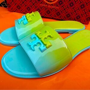 Tory Burch Everly slide sandal. Sunshine yellow & light Celeste. Size 6.5